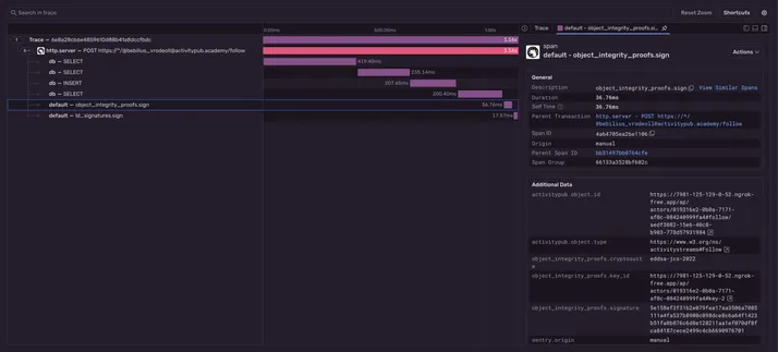 A trace view on Sentry. Many spans are on the instrumentation timeline.