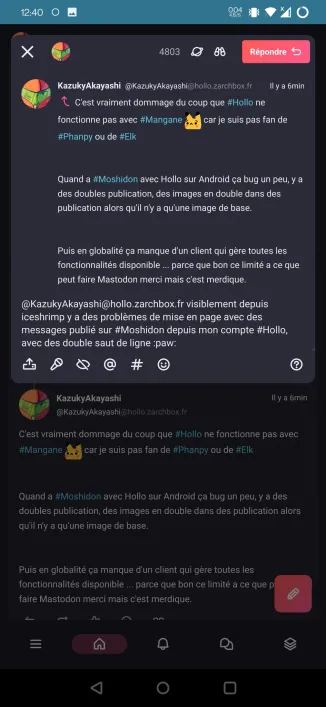 Screenshot d'une publication de mon compte sur Hollo depuis Moshidon (android) montrant le double saut de ligne depuis iceshrimp.