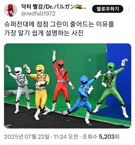슈퍼전대에 점점 그린이 줄어드는 이유를 가장 알기 쉽게 설명하는 사진: 화면에 특수효과를 덧씌우려면 초록색 스크린이 필요하기 때문에, 초록색 슈트를 입으면 이 스크린에서는 보이지 않는다.