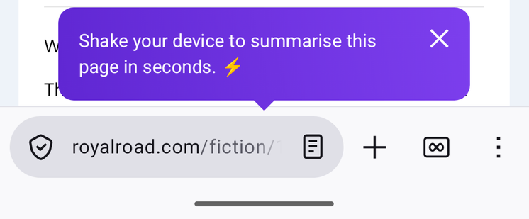 Screenshot of Firefox on Android, showing a hint above the navbar reading "Shake your device to summarise this page in seconds." 